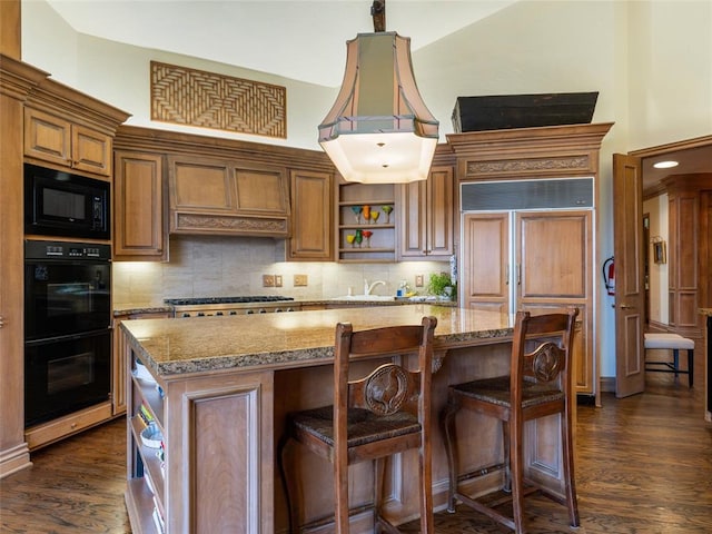 kitchen featuring open shelves, tasteful backsplash, black appliances, and dark wood-style flooring