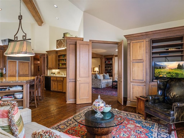 living room with recessed lighting, beam ceiling, dark wood-type flooring, and high vaulted ceiling