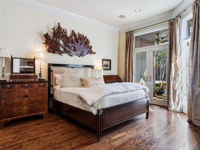 bedroom featuring access to outside, dark wood-style floors, and ornamental molding