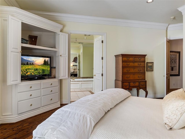 bedroom featuring crown molding, recessed lighting, and dark wood-type flooring