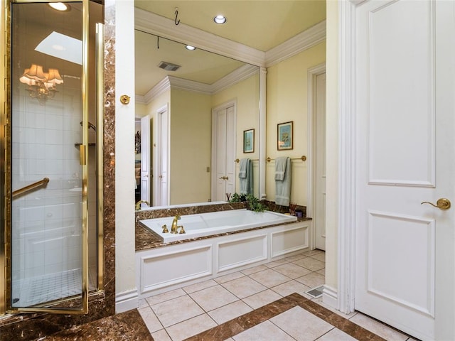 full bath featuring a garden tub, recessed lighting, visible vents, and ornamental molding