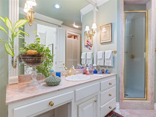 full bath featuring vanity, a shower stall, and ornamental molding