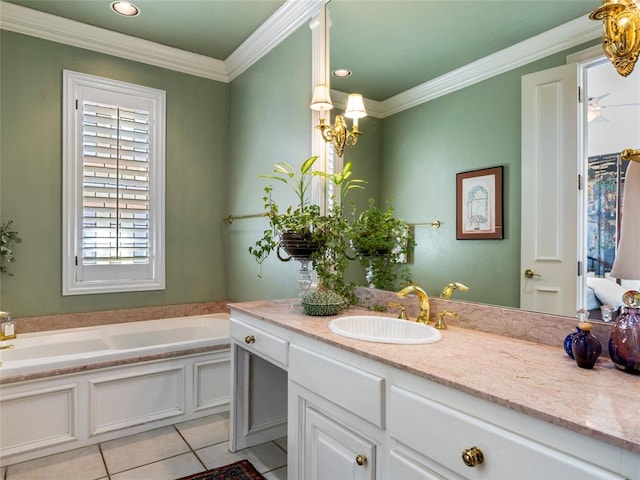 full bath featuring tile patterned floors, vanity, crown molding, and a garden tub