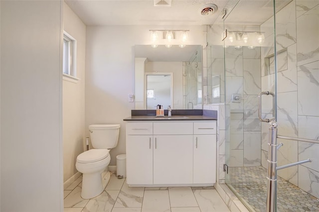 bathroom featuring a marble finish shower, visible vents, marble finish floor, and toilet