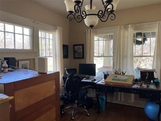 office featuring a notable chandelier and wood finished floors