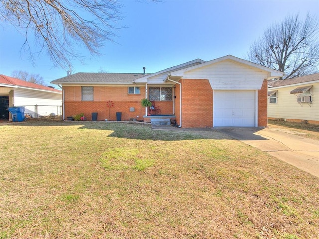 ranch-style house featuring fence, a front lawn, concrete driveway, a garage, and brick siding