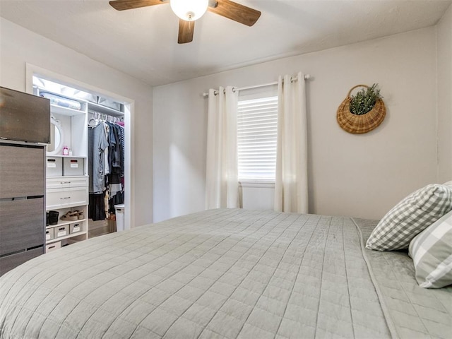 bedroom with a closet, a walk in closet, and ceiling fan