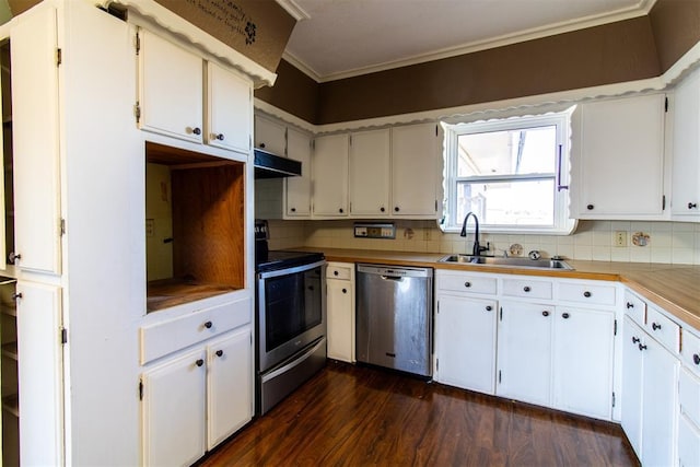 kitchen with ornamental molding, a sink, under cabinet range hood, white cabinetry, and stainless steel appliances