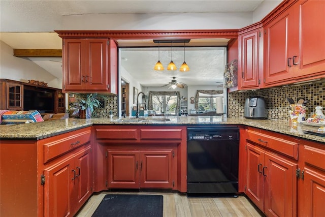 kitchen with tasteful backsplash, dishwasher, a peninsula, and a sink