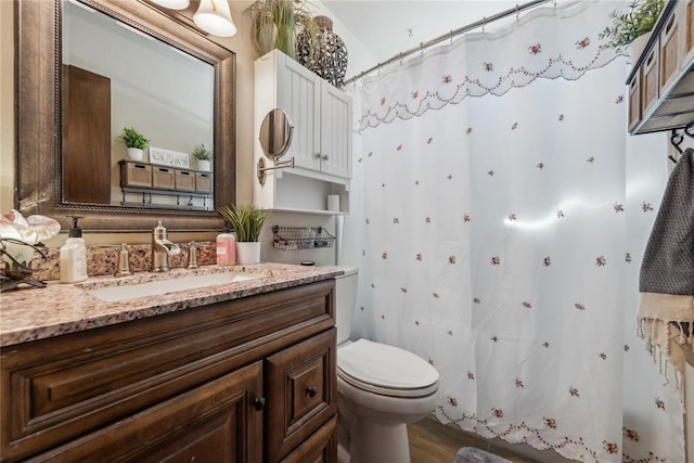 full bath with toilet, vanity, and a shower with curtain