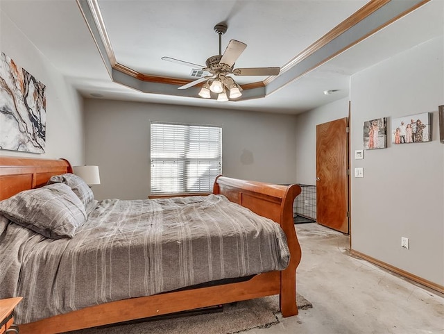 bedroom featuring visible vents, ceiling fan, ornamental molding, concrete flooring, and a raised ceiling