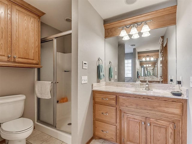 bathroom featuring vanity, visible vents, a stall shower, tile patterned floors, and toilet