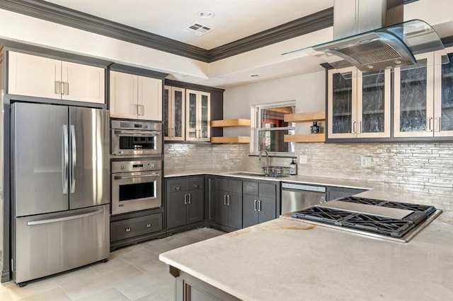 kitchen with visible vents, open shelves, a sink, appliances with stainless steel finishes, and island range hood