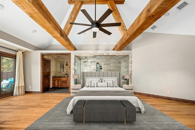 bedroom with visible vents, beam ceiling, and wood finished floors