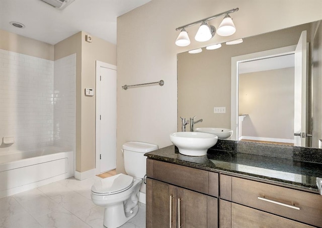 full bathroom featuring vanity, bathing tub / shower combination, toilet, and marble finish floor