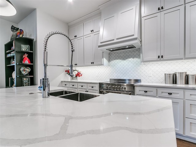 kitchen with light stone counters, high end stainless steel range oven, a sink, decorative backsplash, and custom exhaust hood