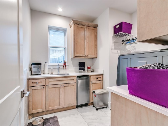 kitchen with light brown cabinetry, a sink, light countertops, dishwasher, and marble finish floor