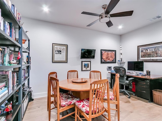 dining space with visible vents, recessed lighting, light wood-style floors, baseboards, and ceiling fan