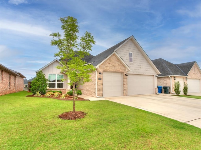 209 Pont Neuf Ct, Edmond, OK 73034 - view of front facade featuring brick siding, concrete driveway, a front lawn, and board and batten siding