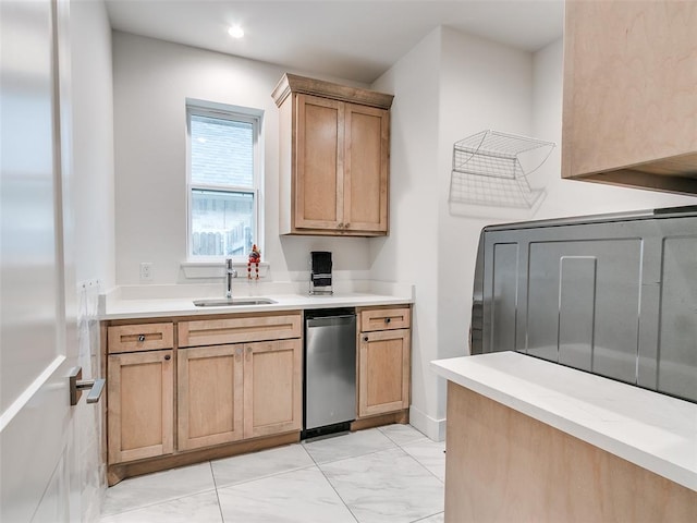 209 Pont Neuf Ct, Edmond, OK 73034 - kitchen featuring a sink, light marble finish flooring, light countertops, and recessed lighting