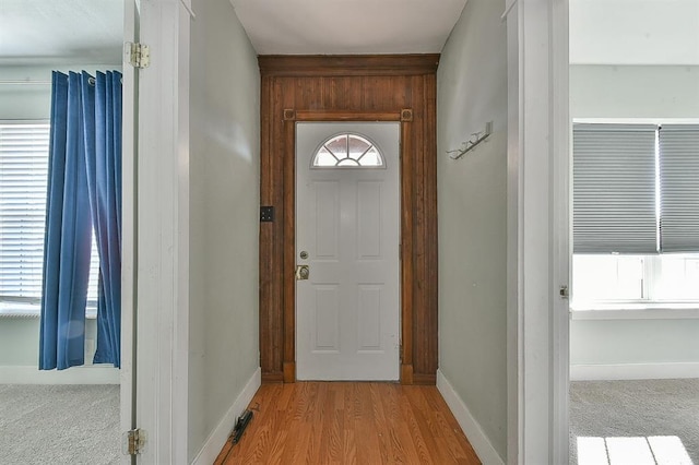 entrance foyer with baseboards, carpet, and wood finished floors