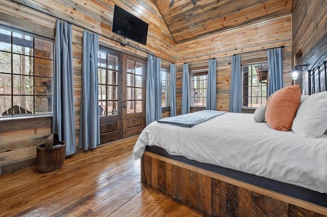 bedroom with wood walls, wood ceiling, and wood-type flooring