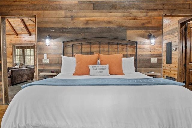 bedroom with lofted ceiling with beams, electric panel, wood ceiling, and wood walls