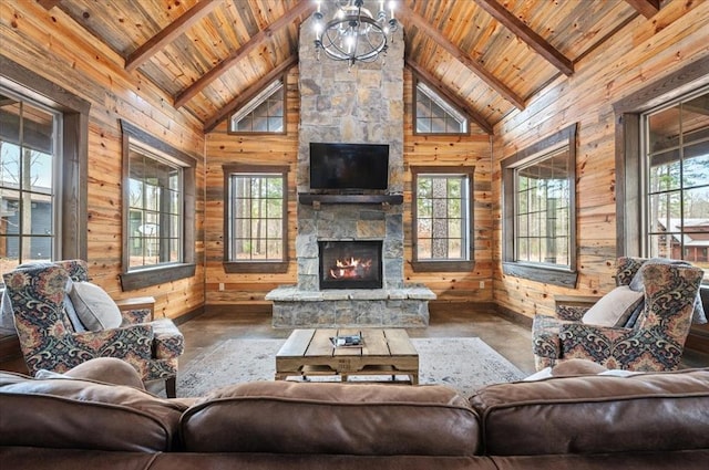 living room with wooden walls, a fireplace, wood ceiling, and high vaulted ceiling