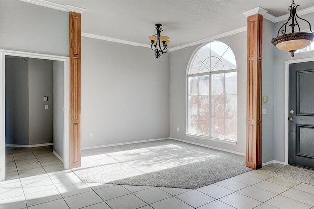 entrance foyer featuring crown molding, light tile patterned floors, light colored carpet, and baseboards