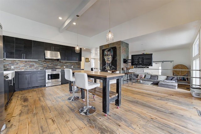 kitchen with light wood-style flooring, under cabinet range hood, tasteful backsplash, dark cabinets, and stainless steel gas range