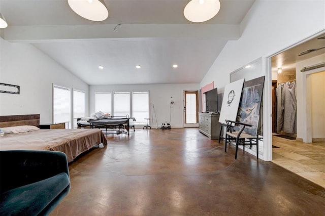 bedroom featuring finished concrete floors, recessed lighting, lofted ceiling with beams, and baseboards