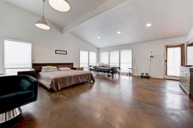 bedroom featuring beam ceiling, high vaulted ceiling, finished concrete floors, recessed lighting, and baseboards