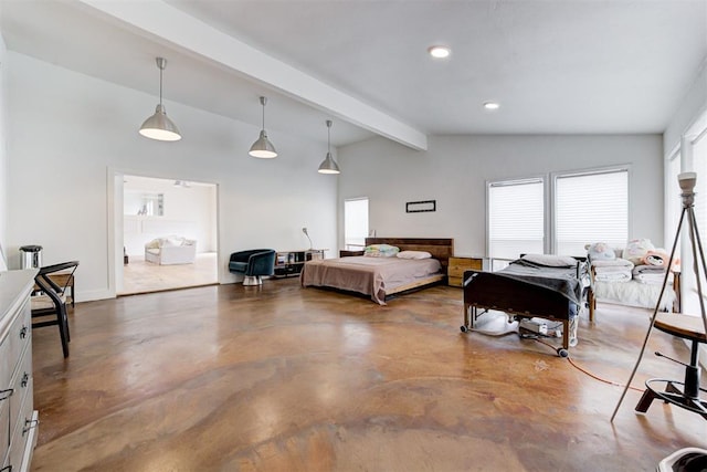 bedroom with recessed lighting, vaulted ceiling with beams, and concrete flooring