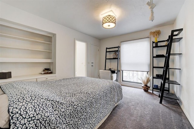 bedroom with carpet flooring, rail lighting, and baseboards