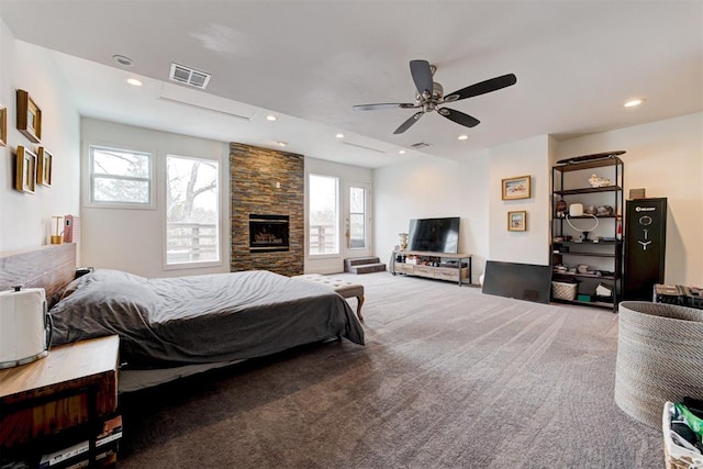 bedroom featuring recessed lighting, visible vents, ceiling fan, and carpet flooring