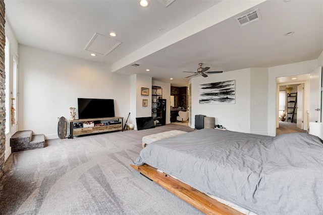 carpeted bedroom featuring baseboards, recessed lighting, visible vents, and ceiling fan