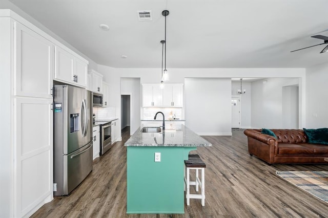 kitchen featuring visible vents, backsplash, stainless steel appliances, white cabinetry, and a sink