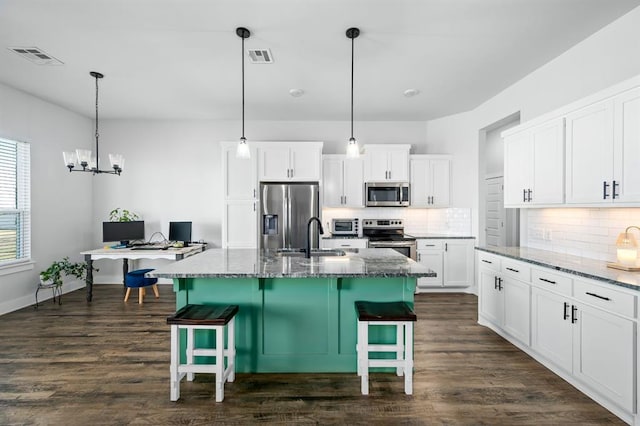 kitchen featuring dark wood-style floors, visible vents, stone countertops, a sink, and stainless steel appliances