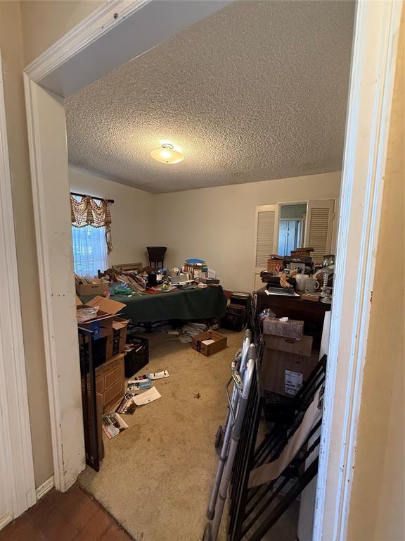 interior space featuring carpet and a textured ceiling