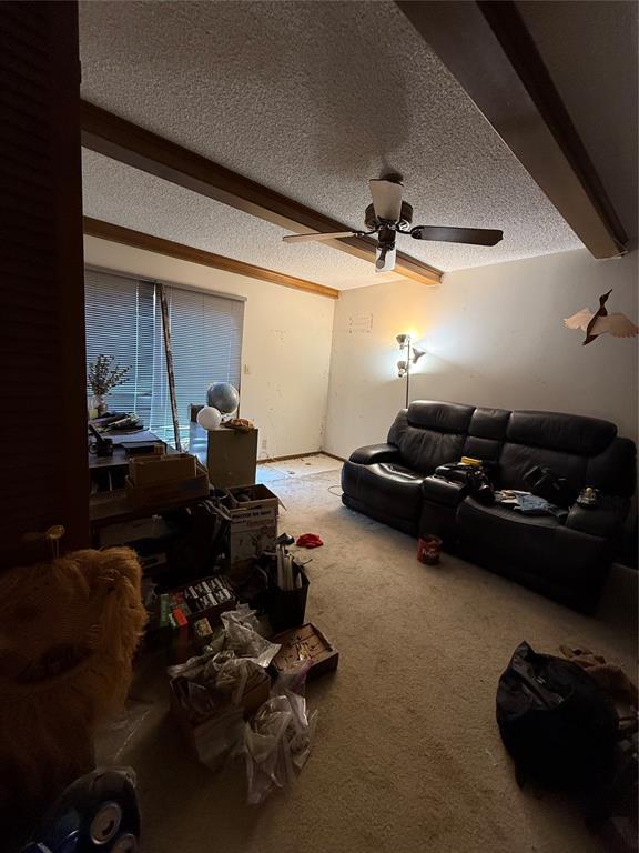 living area featuring beam ceiling, a textured ceiling, carpet, and a ceiling fan