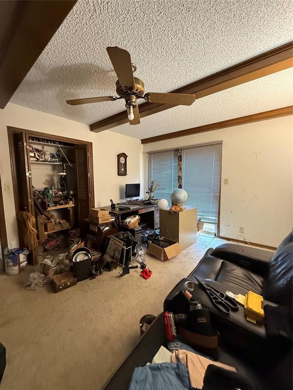 carpeted living area featuring a textured ceiling and ceiling fan