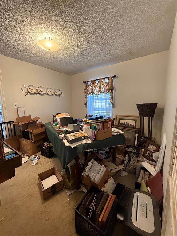 bedroom with carpet and a textured ceiling