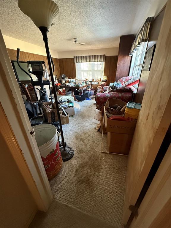 misc room with a textured ceiling and carpet flooring