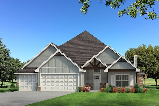 craftsman-style house featuring driveway, roof with shingles, a front lawn, a garage, and board and batten siding