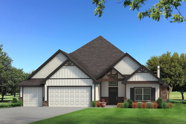 view of front of house with brick siding, board and batten siding, a front yard, a garage, and driveway