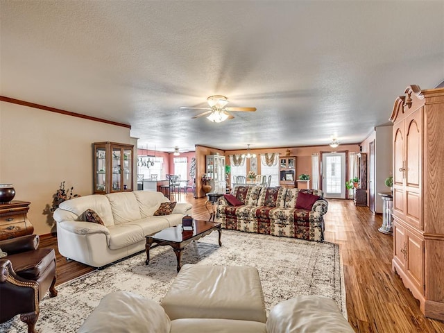 living area featuring ceiling fan with notable chandelier, a textured ceiling, ornamental molding, and wood finished floors