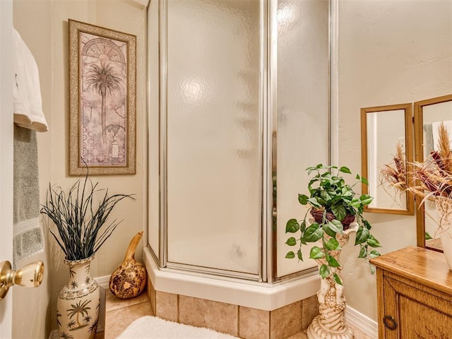 full bathroom featuring vanity and a shower stall