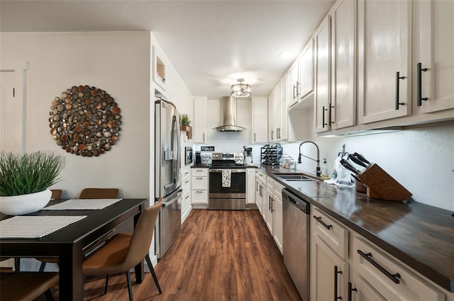 kitchen with dark wood-type flooring, a sink, dark countertops, appliances with stainless steel finishes, and wall chimney range hood