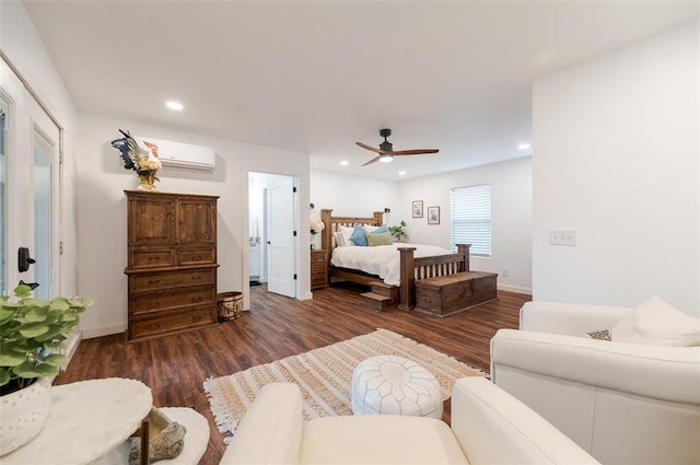 bedroom with dark wood-style floors, recessed lighting, a wall unit AC, and ceiling fan