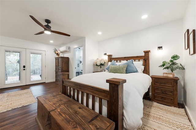 bedroom with a wall mounted air conditioner, wood finished floors, recessed lighting, and access to outside